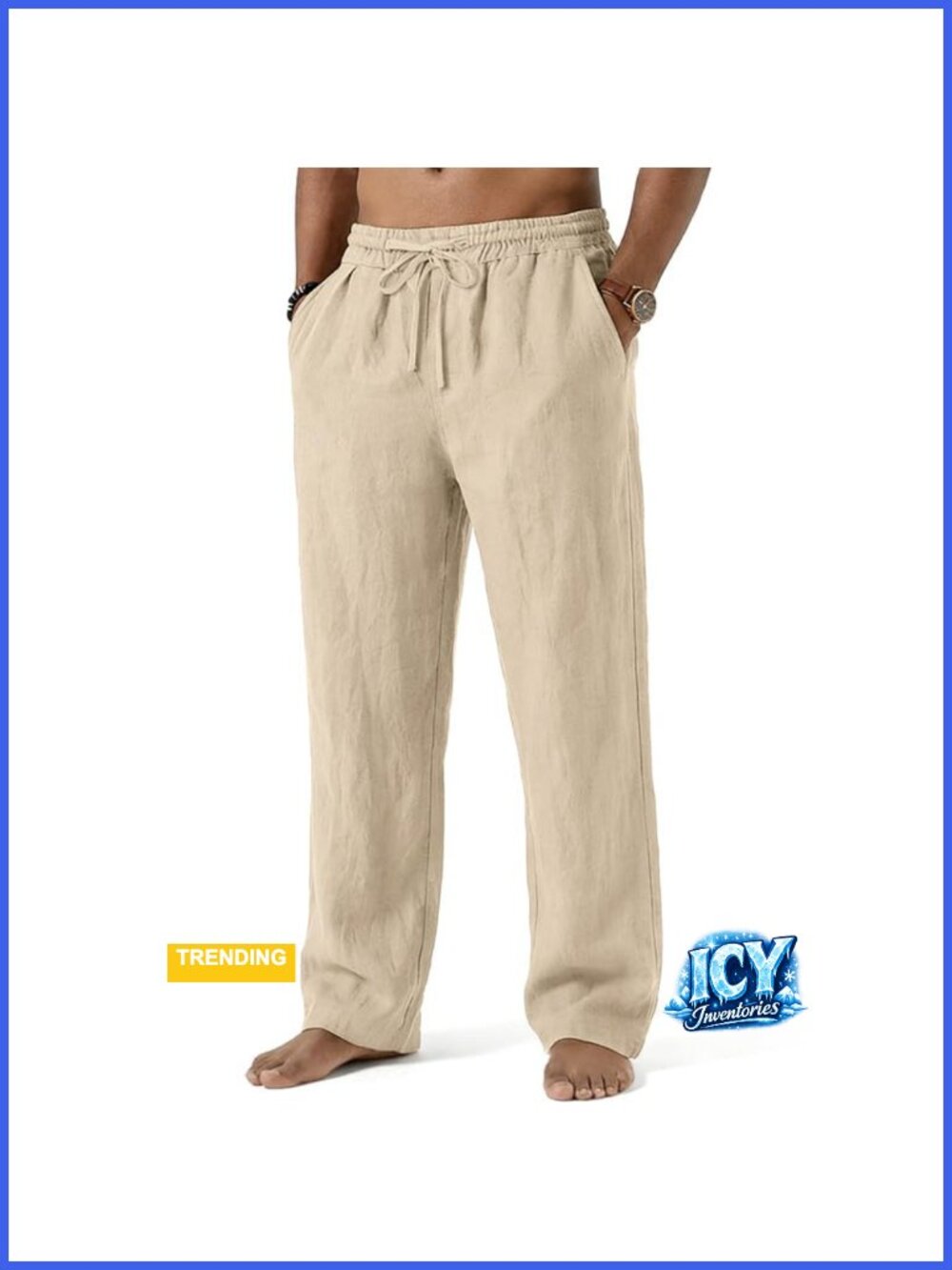 Men's Cotton Linen Pants Casual Summer Beach Pants Loose Fit Drawstring Waist